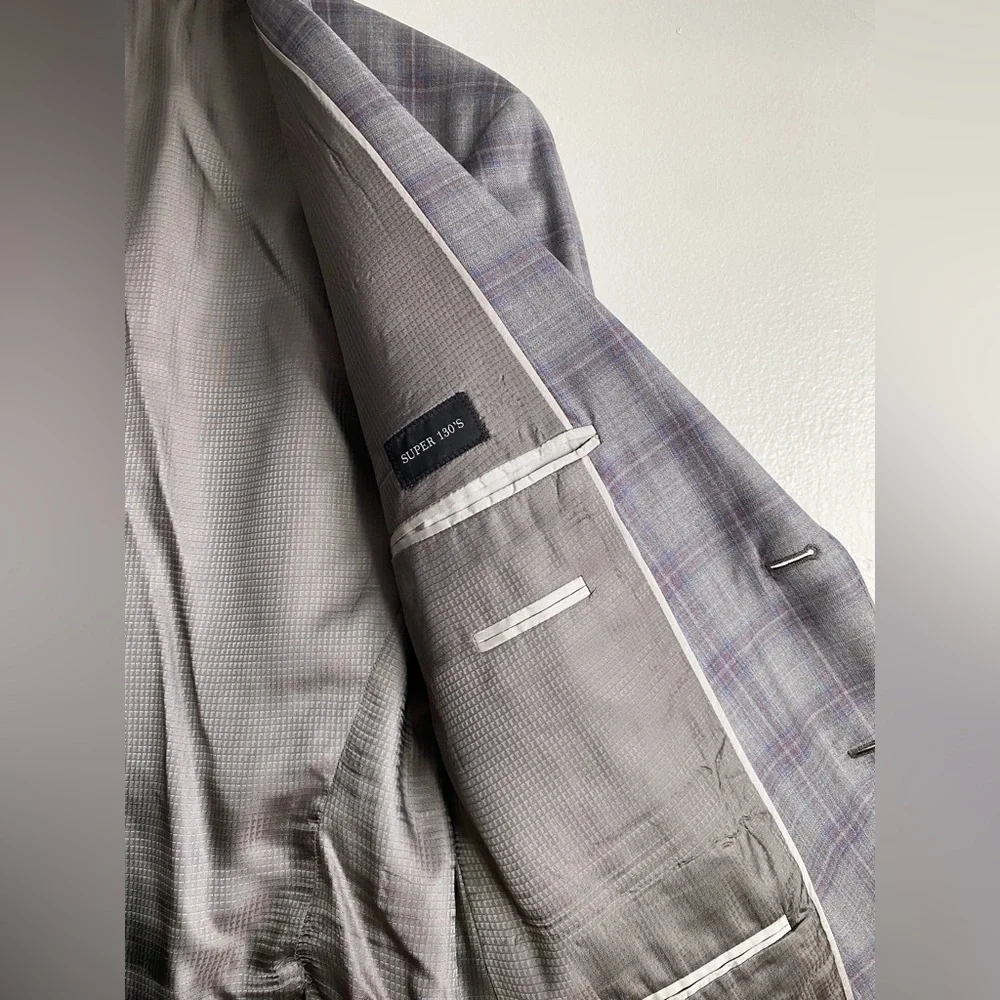 Emporio Armani GLine Virgin Wool Gray Plum Check Pane Plaid Sport Coat Blazer 54